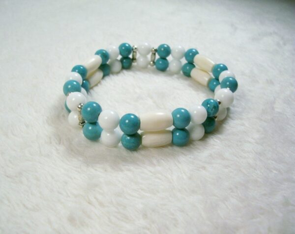 Turquoise Howlite and White Bone Two Strand Stretch Bracelet by Wayuką́