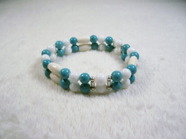 Turquoise Howlite and White Bone Two Strand Stretch Bracelet by Wayuką́