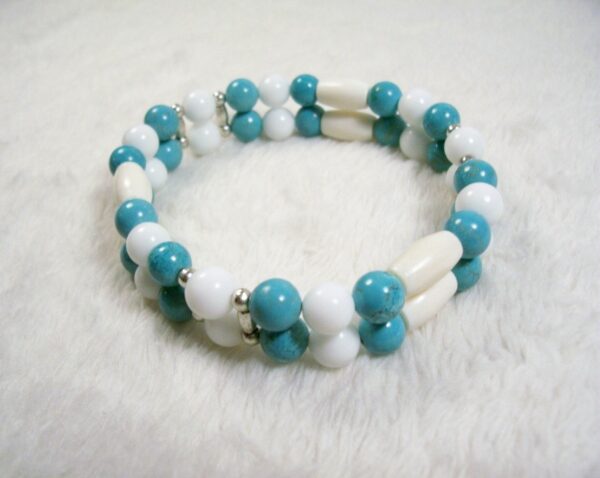 Turquoise Howlite and White Bone Two Strand Stretch Bracelet by Wayuką́