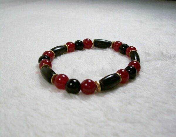 Onyx, Wine Jade and Buffalo Bone Stretch Bracelet by Wayuką́