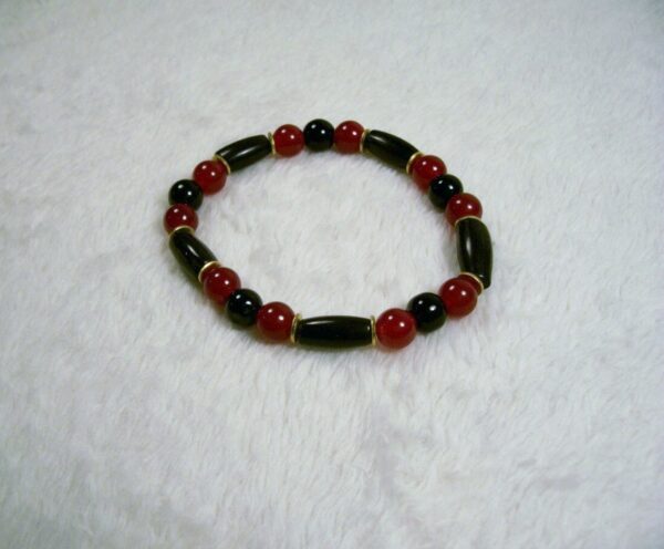 Onyx, Wine Jade and Buffalo Bone Stretch Bracelet by Wayuką́