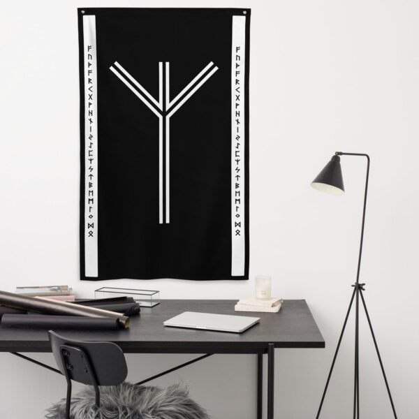 Algiz Black and White Wall Flag by Wayuką́