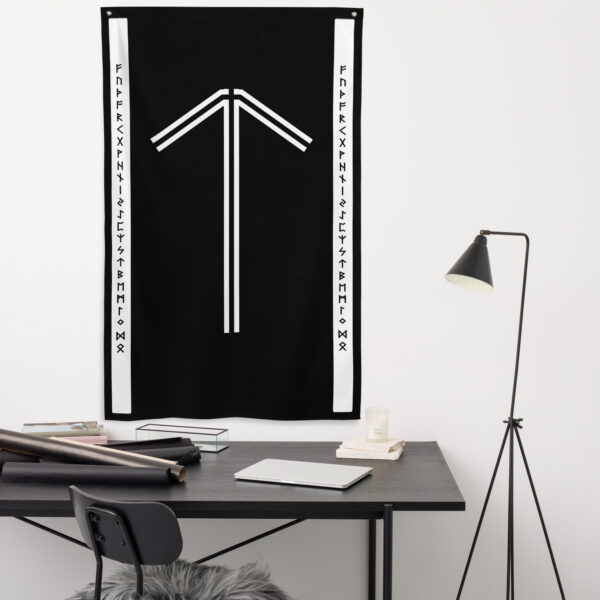 Tiwaz Black and White Wall Flag by Wayuką́